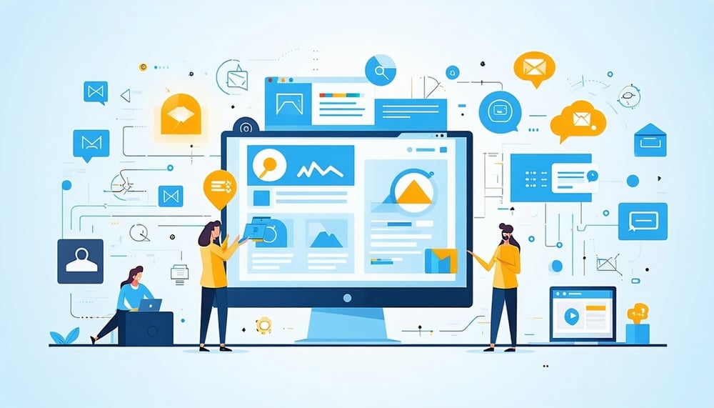 Digital services illustration with web design and marketing icons Digital services illustration with web design and marketing icons